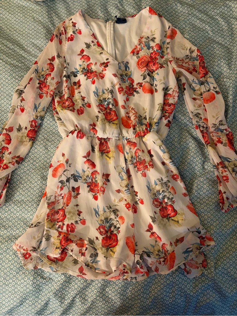 Womans Floral Wrap Romper Dress - White with Red Floral